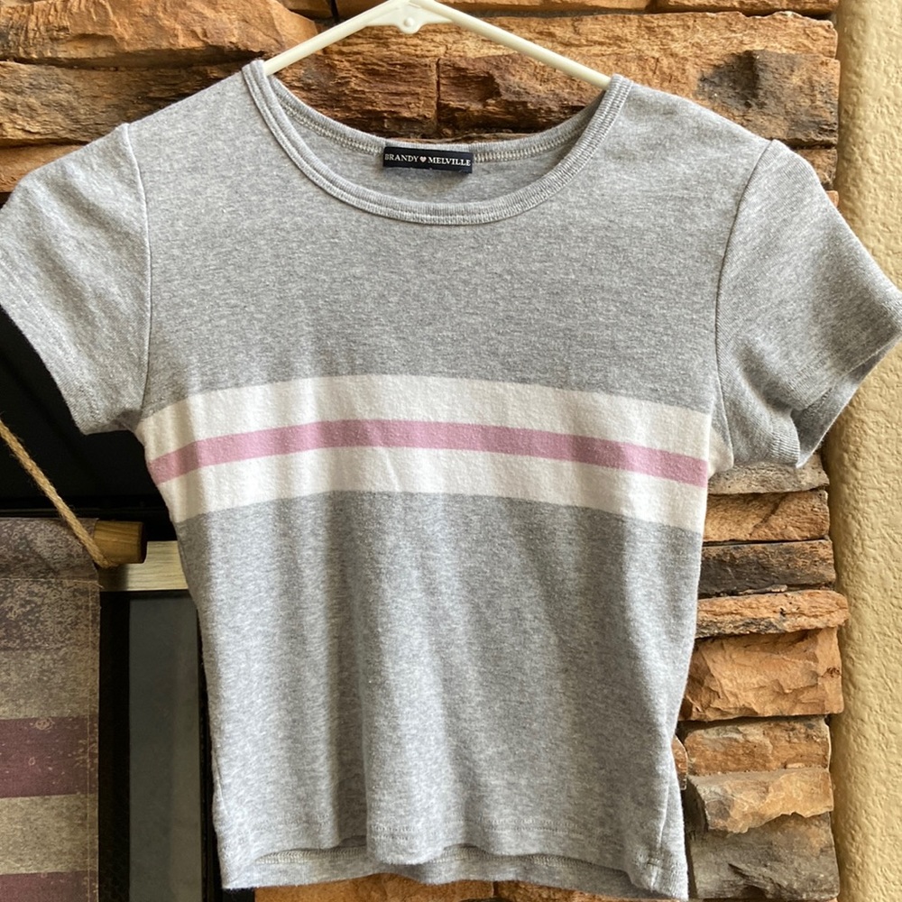 Brandy- Soft Gray tee with pink/white stripe